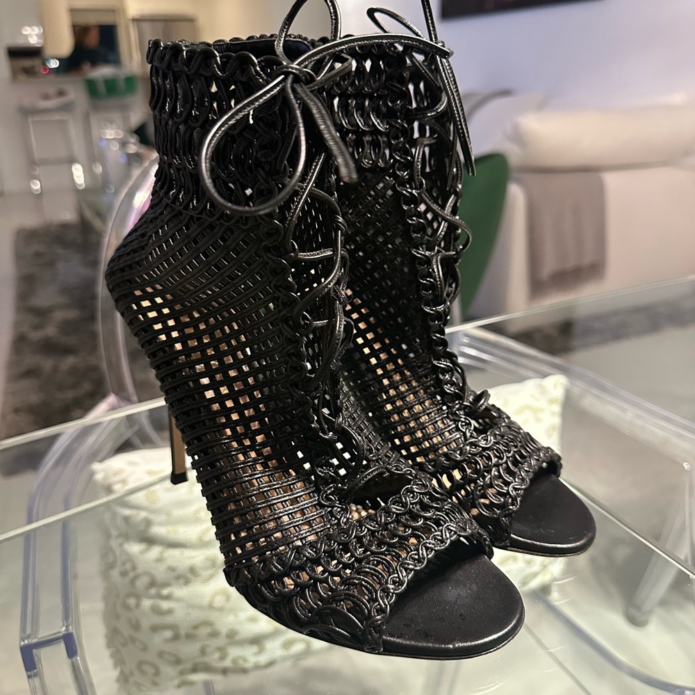 Gianvito Rossi Black Woven Heels with Peep-Toe Design